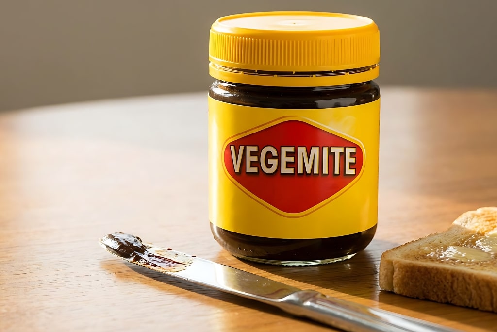 Jar of Vegemite on a wooden table with a buttered slice of toast and a knife nearby.